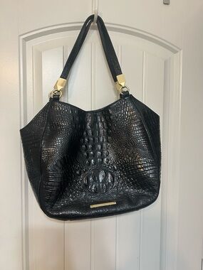 Brahmin Black Croc-Embossed Shoulder Bag with Gold Hardware